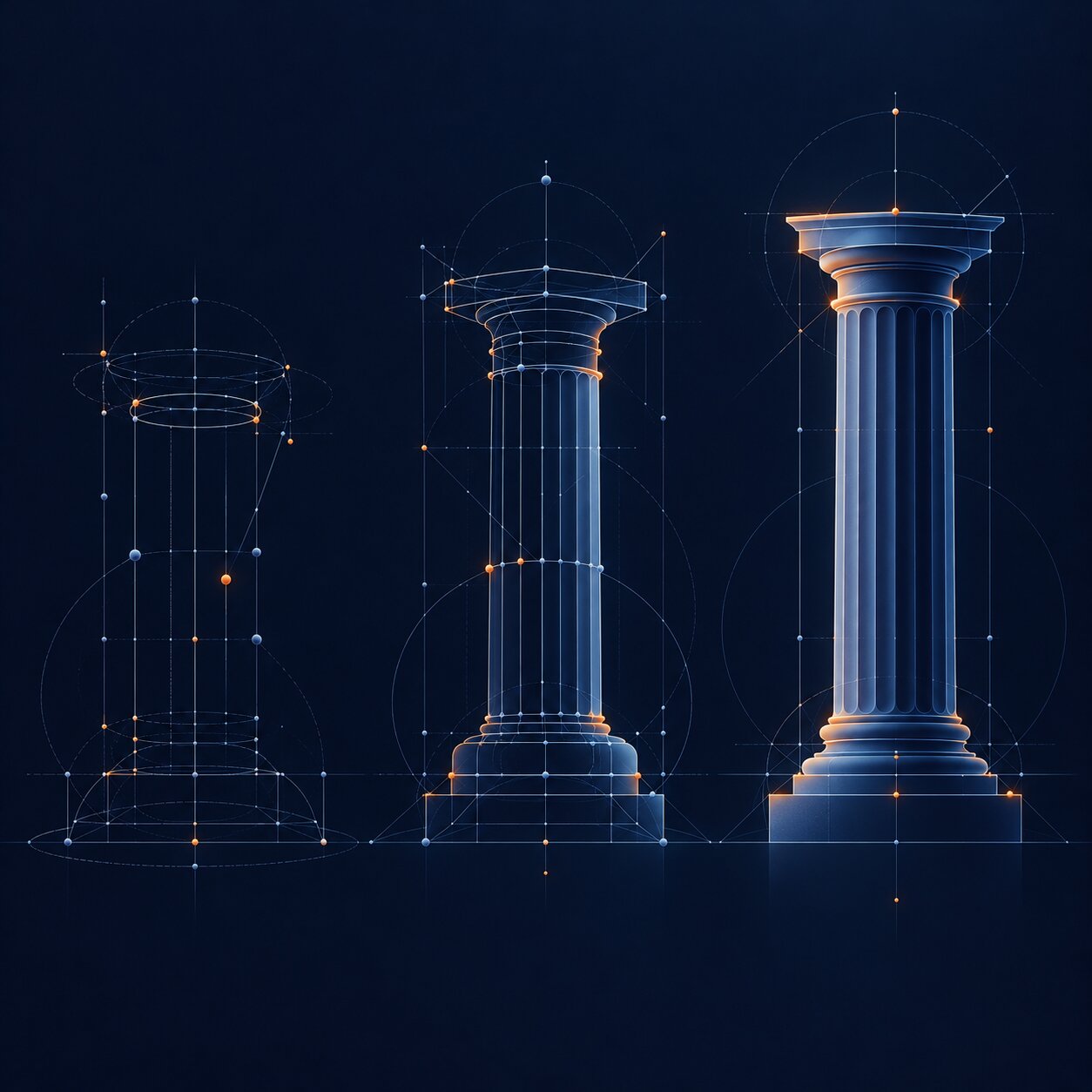 Three blueprint columns progressing from wireframe to solid, in navy with orange highlights